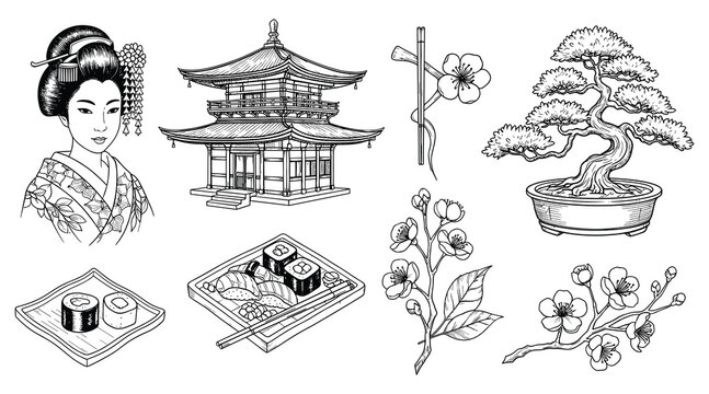 Japanese culture icons set with geisha girl pagoda sushi and bonsai tree for asian design vector illustration