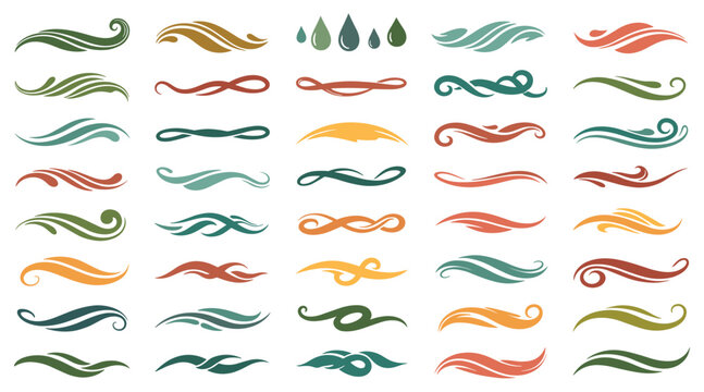 Abstract colorful curvy design elements set with floral scroll swirls and dividers for vector illustration