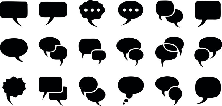 Speech bubble and chat box solid icons set for social media communication messaging and user interface design