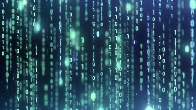 Glowing binary digits cascading in abstract digital style on a dark backdrop, conveying a concept of data flow and cybersecurity