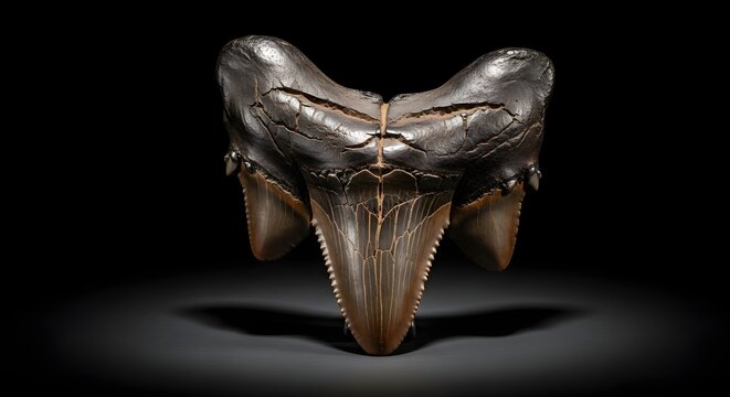 Giant Fossilized Megalodon Shark Tooth Isolated on Black Background.