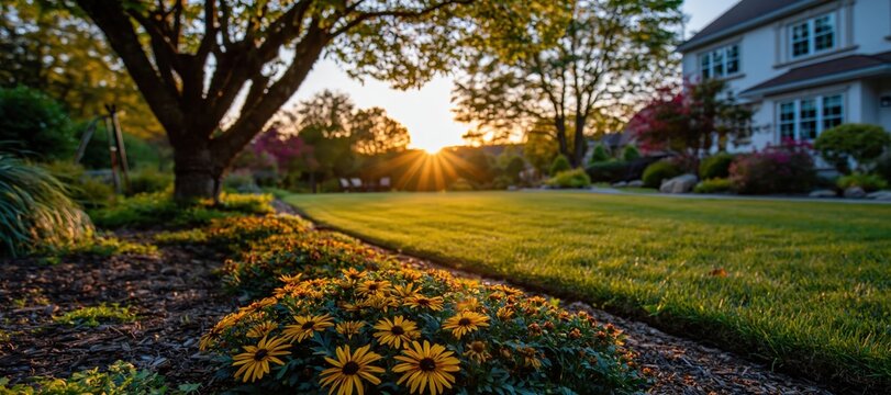 Backyard after seasonal maintenance with pruned trees and mulched flower beds at sunset