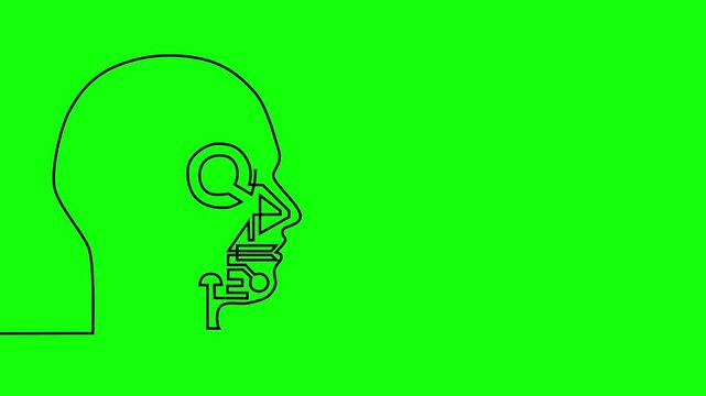 Head silhouette merges with digital circuitry. Simple outline conveys human thinking and technology. Ideal for AI, tech, or innovation concepts