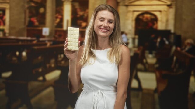 Woman holding a white chocolate bar while pouting and standing in a church building; playful indulgence.