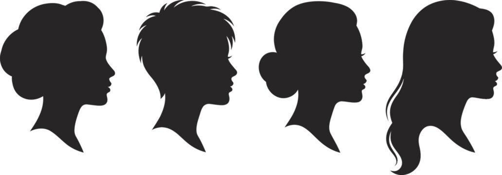 Silhouettes of women's heads in profile, each with a distinct hairstyle, representing diverse female appearances.