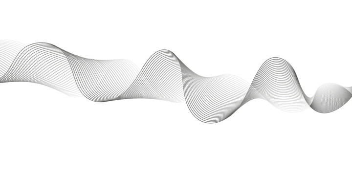 Abstract Monochrome Dynamic Wave Lines with Smooth Sine Curves and Elegant Grey Black Frequencies on Light Gray and White Background for Digital Design.
