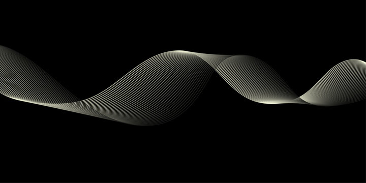 Abstract Flowing Gold, White, and Silver Wave Lines Creating Smooth Dynamic Soundwave Pattern on Black Background for Modern Digital Audio Visual Concepts.