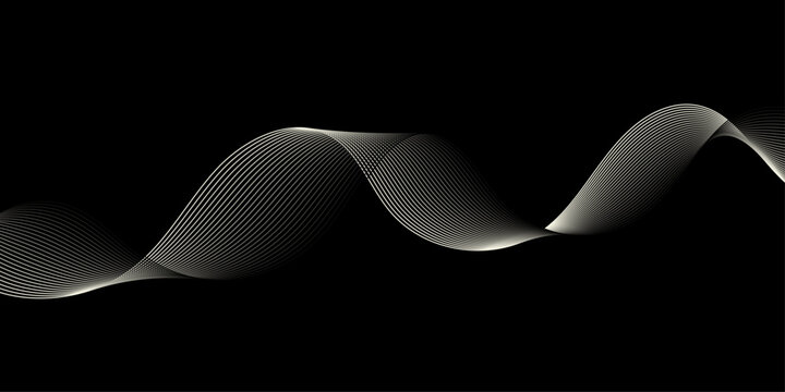 Abstract Flowing Gold, White, and Silver Wave Lines Creating Smooth Dynamic Soundwave Pattern on Black Background for Modern Digital Audio Visual Concepts.