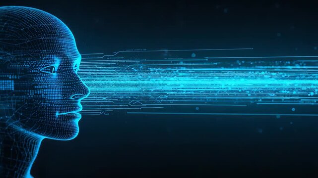 Blue digital human profile with streaming data trails on dark space, artificial intelligence network and cyber communication technology