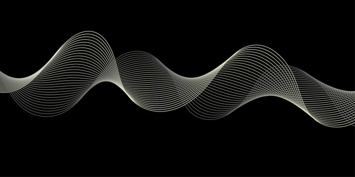 Abstract Golden and Silver Wave Lines with Smooth Curved Motion Creating Layered Soundwave Frequencies on Black Background in Modern Minimal Style.
