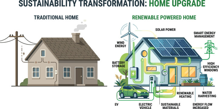 Sustainability transformation infographic, traditional home vs renewable-powered home with solar, wind, EV, eco-friendly upgrade illustration
