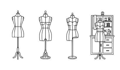 Naklejka premium Collection of various tailor mannequins and clothing display stands, apparel design tools.
