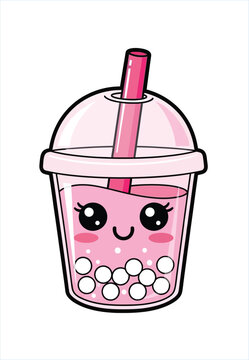Kawaii boba tea vector, cute pink bubble tea character, sweet strawberry milk drink