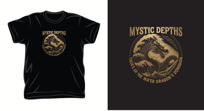Mystic depths water dragon t-shirt design with detailed oriental dragon illustration in circular frame for apparel branding.