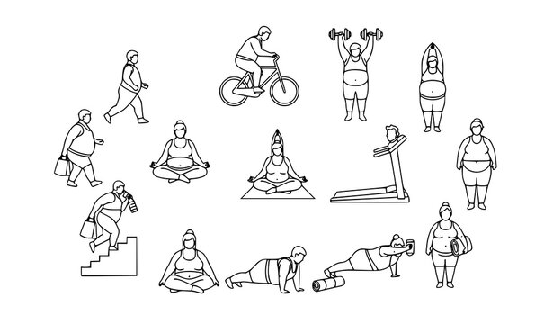 Collection of diverse body type silhouettes in fitness poses, body positivity exercise icons.