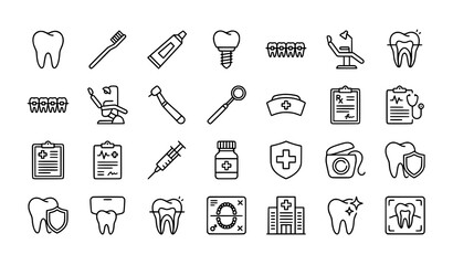 Large collection of dentistry and oral care line icons, professional dental health symbols. © Songkari