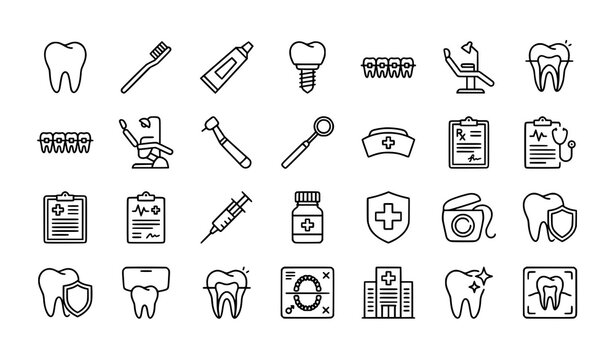 Large collection of dentistry and oral care line icons, professional dental health symbols.