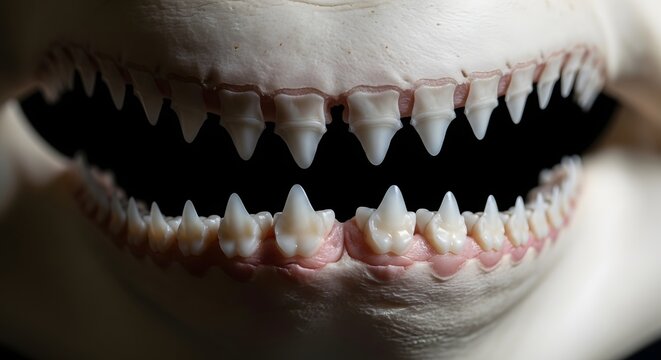 Close-up of a sharks menacing open mouth revealing rows of sharp teeth.