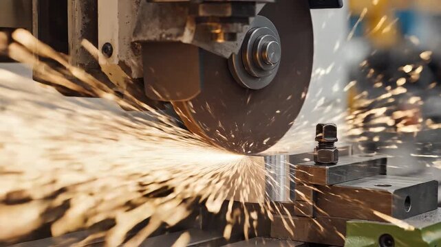 Closeup of metal grinding with sparks flying in a workshop.