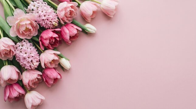 Pink flowers bouquet with blooming tulips and hyacinths arranged on a soft pastel background providing a beautiful frame for text or marketing copy design