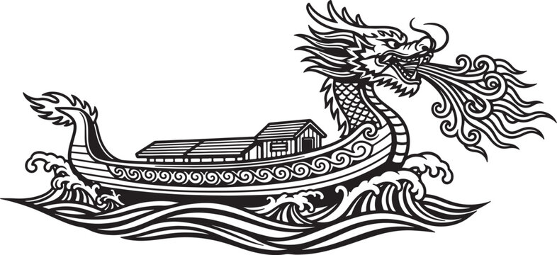 Black and white ink of a dragon boat with a detailed dragon head sailing on wavy water also transparent background