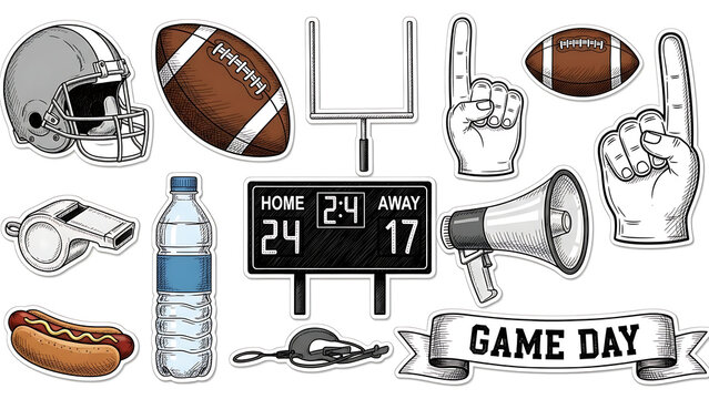 Football game day essentials, scoreboard, snacks, and gear isolated on a transparent background