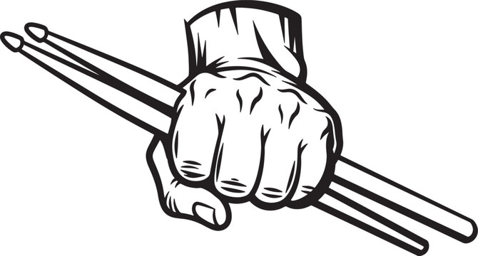 Black and white of a clenched fist holding two drumsticks also transparent background, hand music drumming