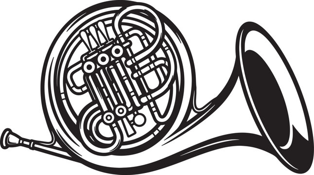 Black and white of a french horn with detailed valves and bell also transparent background, music instrument