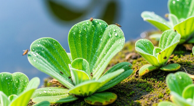 Water lettuce plant, pistia stratiotes, floating on water surface with water droplets on leaves and small insects