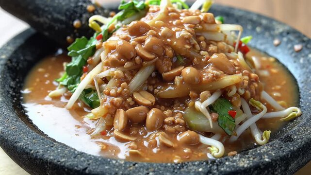 Closeup of Gado Gado Indonesian Salad with Peanut Sauce in Mortar.