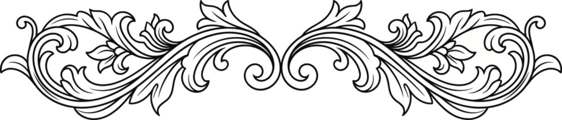 Fototapeta premium Elegant black and white vector illustration showing a symmetrical floral scroll pattern designed for decorative borders and classic vintage graphic art projects