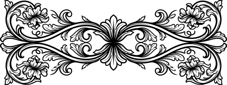 Decorative floral vector ornament featuring elegant scrolling leaves and symmetrical blooming flower motifs for sophisticated vintage style graphic design and border art projects