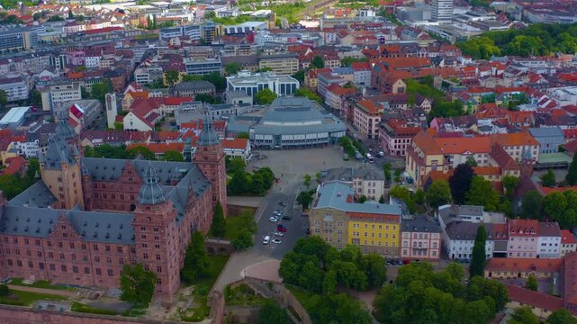 Aerial view of the city Aschaffenburg am Main river in Germany on sunny day in spring. 