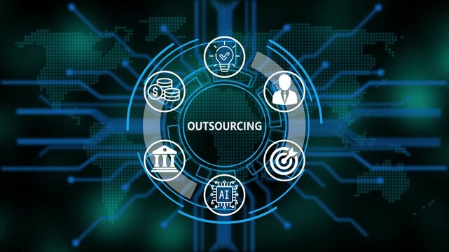 &ldquo;Outsourcing, Artificial Intelligence, and Global Business Network Technology Concept&rdquo;. Digital circuit board on world background. Representing artificial intelligence, and future technology.