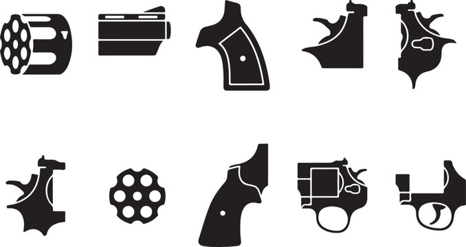 Revolver parts: Silhouettes of firearm pistol components, showcasing the intricate details of a classic revolver design.