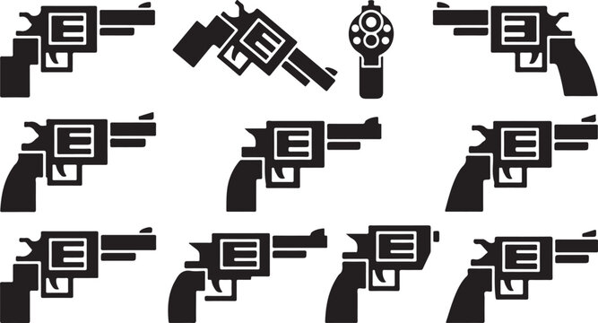 Firearm Silhouette: A series of stylized, black and white firearm illustrations against a clean backdrop, capturing the essence of various revolver perspectives. 