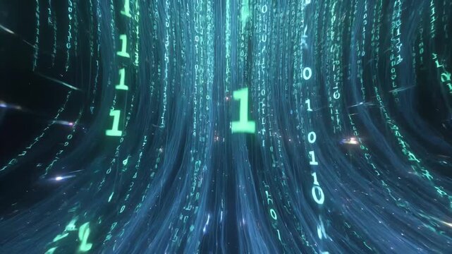 Glowing binary digits flowing in a futuristic style on a dark background, conveying a concept of data, code, and tech