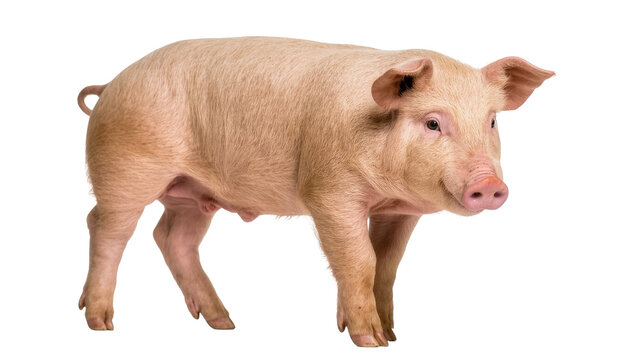 Pink domestic pig standing sideways with curled tail and floppy ears