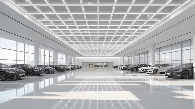 Bright modern car showroom with luxury vehicles parked in spacious white dealership hall, glass windows and polished reflective floor