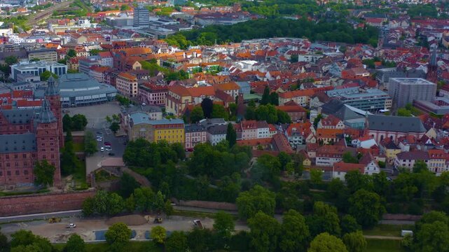Aerial view of the city Aschaffenburg am Main river in Germany on sunny day in spring. 