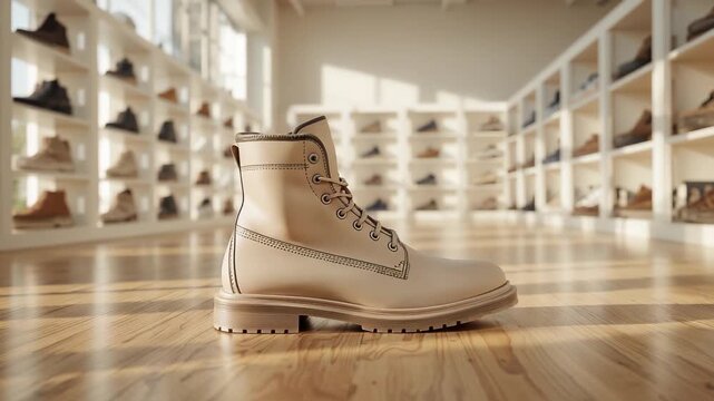Beige leather boot displayed on polished wooden floor inside bright shoe store with shelves and warm sunlight for footwear retail fashion
