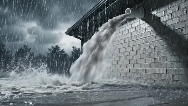 Heavy Water Gushing From Drainage Pipe On Brick Wall During Intense Rainstorm With Cinematic Lighting