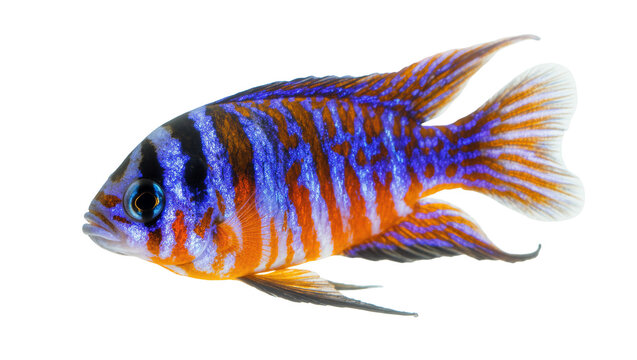 Vibrant striped African Cichlid fish with orange and blue coloration