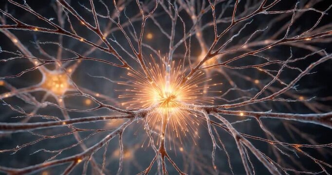 Neural network neuron brain cell synapse nervous system glowing biology science connection communication electric signal anatomy medical digital art abstract dendrite axon vibrant orange light sparks