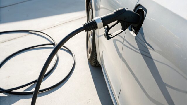 A white electric car is plugged in and charging at a station, with the charging cable connected to the vehicle's charging port on a light concrete surface.