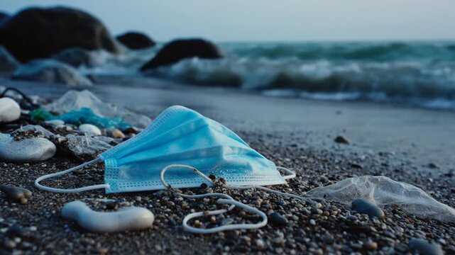 Polluted beach with discarded face masks and trash on shoreline