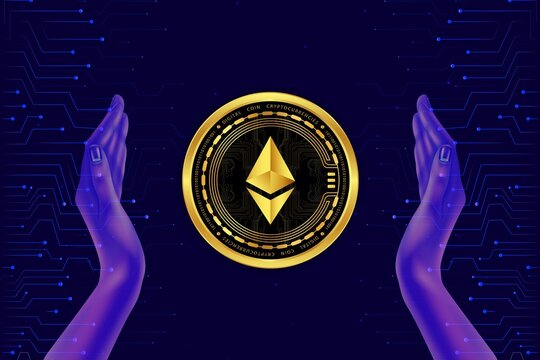 Image of ethereum-eth virtual currency on digital background. 3D drawings.