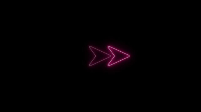 Neon pink glowing double arrow symbol pulsing on black background, for modern ui, interface and digital navigation