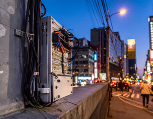 Naklejka premium Depiction of urban communications with complex wiring and electronics installed in a panel. Intricate urban communications setup 