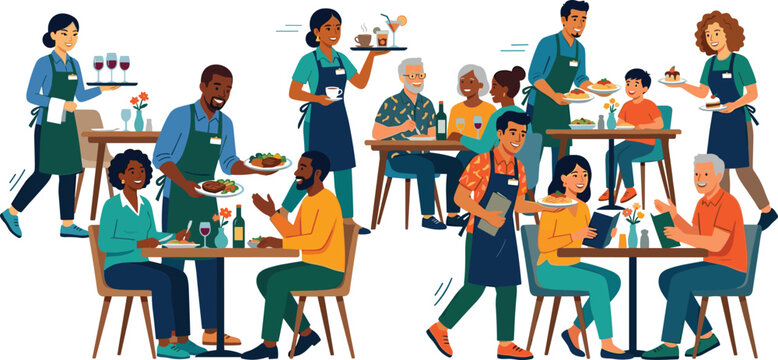 Diverse group of professional waiters and waitresses serving food and drinks to happy customers in a busy restaurant setting,